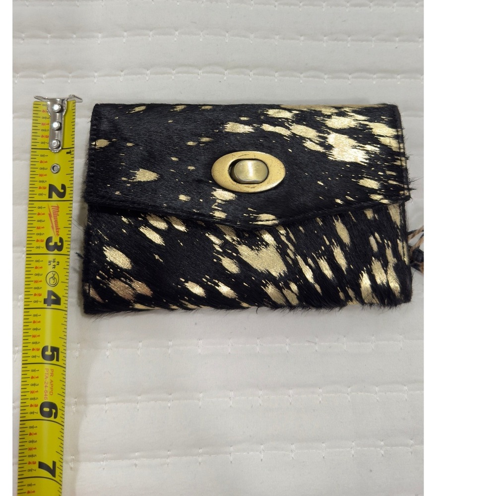 Myra Bag Cowhide Wallet Black Gold Metallic Hair On Hide RFID Trifold Turn Lock - Picture 8 of 9